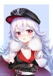 1girl absurdres azur_lane bangs blush breasts cape commentary_request crossed_arms detached_collar eyebrows_visible_through_hair fur_collar hair_between_eyes hat highres iron_cross long_hair long_sleeves looking_at_viewer peaked_cap red_eyes sidelocks simple_background small_breasts solo two-tone_background white_hair yukizawa_xueze zeppy_(azur_lane) 