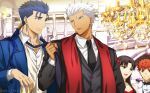  1girl 3boys akujiki59 alternate_costume archer_(fate) black_suit black_vest blue_hair blue_suit candle collared_shirt cu_chulainn_(fate) cu_chulainn_(fate/stay_night) dark-skinned_male dark_skin ear_piercing emiya_shirou eye_contact fate/stay_night fate_(series) formal glaring indoors looking_at_another looking_at_viewer multiple_boys necktie necktie_grab neckwear_grab official_style piercing ponytail red_eyes shirt short_hair spiky_hair tohsaka_rin upper_body vest white_hair 