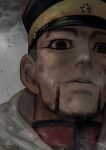  1boy beard black_eyes black_hair black_headwear blood blood_on_face facial_hair golden_kamuy hat looking_at_viewer male_focus military_hat mitsuya ogata_hyakunosuke open_mouth portrait short_hair solo very_short_hair 