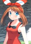  1girl absurdres bangs blue_eyes blush bow bow_hairband breasts brown_hair closed_mouth collarbone eyebrows_visible_through_hair hair_bow hairband highres long_hair looking_at_viewer may_(pokemon) medium_breasts pokemon pokemon_(game) pokemon_oras red_hairband red_shirt shiny shiny_hair shirt sleeveless sleeveless_shirt smile solo striped striped_bow twintails upper_body yuihico 