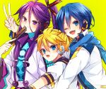  3boys armor black_collar blonde_hair blue_bodysuit blue_eyes blue_hair blue_scarf bodysuit closed_fan coat collar collared_shirt commentary fan_to_mouth folding_fan group_hug hair_ornament hair_stick hand_fan headphones highres holding holding_fan holding_hands hug hug_from_behind japanese_clothes kagamine_rin kaho_0102 kaito_(vocaloid) kamui_gakupo long_hair looking_at_viewer male_focus multiple_boys one_eye_closed open_mouth ponytail purple_hair sailor_collar scarf school_uniform shirt short_sleeves shoulder_armor smile sweat upper_body v v-shaped_eyebrows violet_eyes vocaloid white_coat white_robe white_shirt yellow_background 