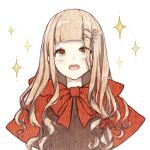  1girl :o bangs blonde_hair hair_between_eyes hair_ornament hairpin highres little_red_riding_hood_(sinoalice) long_hair looking_up open_mouth portrait red_hood rico_tta simple_background sinoalice solo star_(symbol) teeth white_background yellow_eyes 