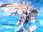  1girl ascot ayanami_(azur_lane) azur_lane bandaid bandaid_on_arm bangs belt blue_skirt blue_sky blurry clouds cloudy_sky commentary_request depth_of_field detached_sleeves eyebrows_visible_through_hair fighting_stance hair_between_eyes hair_ornament hairclip headgear highres holding holding_sword holding_weapon long_hair looking_at_viewer machinery midriff navel ocean orange_eyes parted_lips pleated_skirt ponytail retrofit_(azur_lane) ribbon-trimmed_sleeves ribbon_trim school_uniform serafuku sidelocks silver_hair skirt sky solo standing standing_on_one_leg sugita_ranpaku sword thigh-highs torpedo_tubes turret water_drop weapon white_legwear wide_sleeves zettai_ryouiki 