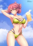  1girl absurdres alcohol arm_behind_head beer beer_mug bikini blue_sky blush breasts closed_mouth clouds commentary commission cowboy_shot cup eiyuu_densetsu folded_ponytail green_bikini hair_up hands_up highres holding holding_cup medium_breasts mug navel orange_eyes pink_hair sara_valestein sen_no_kiseki sky smile solo swimsuit zel-sama 