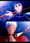  2boys akujiki59 archer_(fate) armor artist_name bangs blue_hair brown_eyes commentary_request cu_chulainn_(fate) cu_chulainn_(fate/stay_night) earrings fate_(series) floating_hair glint hand_up holding jewelry long_hair looking_at_viewer male_focus multiple_boys official_style parted_lips ponytail red_eyes short_hair shoulder_plates smile smirk spiky_hair upper_body white_hair 