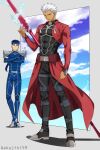  2boys akujiki59 alternate_weapon archer_(fate) armor blue_bodysuit blue_hair bodysuit covered_abs crossed_arms cu_chulainn_(fate) cu_chulainn_(fate/stay_night) dark-skinned_male dark_skin fate/stay_night fate_(series) full_body lightning looking_at_another male_focus multiple_boys official_style pauldrons pectorals ponytail red_eyes short_hair shoulder_armor shrug_(clothing) smile spiky_hair standing toned toned_male weapon white_hair 