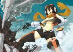  1girl belt black_shorts breasts brown_eyes brown_hair character_request check_character clouds cloudy_sky dated_commentary day denchuubou explosion feet_out_of_frame fling goggles goggles_on_head headphones medium_breasts medium_hair midriff open_mouth original scarf shorts skull sky smoke tank_top teeth thigh-highs yellow_scarf 