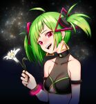  arm_strap artpatient bangs clothing_cutout covered_collarbone delutaya diagonal_bangs earrings flower gold_earrings green_hair green_nails highres indie_virtual_youtuber jewelry open_mouth red_eyes sky sleeveless star_(sky) starry_sky triangle_earrings triangle_hair_ornament twintails underboob_cutout utaite_(singer) virtual_youtuber wrist_cuffs 