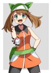  1girl :d aqua_eyes bike_shorts black_shorts blush border brown_hair collarbone cowboy_shot dress floating_hair gloves green_bandana grey_background hand_on_hip highres holding holding_poke_ball long_hair looking_at_viewer may_(pokemon) open_mouth orange_dress outside_border poke_ball pokemon pokemon_(game) pokemon_rse short_dress short_shorts shorts shorts_under_dress sleeveless sleeveless_dress smile solo standing twintails white_border yuihico 