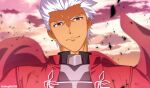  1boy akujiki59 archer_(fate) artist_name blurry brown_eyes cape closed_mouth clouds commentary_request dark-skinned_male dark_skin fate_(series) furrowed_brow looking_at_viewer looking_down male_focus official_style outdoors red_cape ribbon rock short_hair sky smile solo twilight upper_body watermark white_hair white_ribbon 
