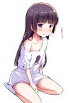  between_legs black_hair blue_eyes blush bottomless embarrassed gokou_ruri hand_between_legs herunin highres hime_cut mole mole_under_eye open_mouth ore_no_imouto_ga_konna_ni_kawaii_wake_ga_nai oversized_clothes seiza shirt sitting t-shirt white_background white_legwear white_shirt 