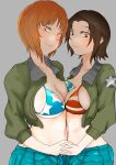  2girls american_flag_bikini bangs bikini bikini_under_clothes blue_shorts blush breast_press breasts brown_eyes brown_hair brown_jacket closed_mouth commentary cropped_jacket denim denim_shorts emblem flag_print girls_und_panzer grey_background half-closed_eyes highres holding_hands interlocked_fingers jacket long_sleeves looking_at_viewer medium_breasts midriff monji_(crazy_flogman_1) multiple_girls navel nishizumi_miho open_clothes open_jacket orange_eyes orange_hair saunders_military_uniform sawa_azusa short_hair shorts simple_background smile standing star_(symbol) swimsuit symmetrical_docking 