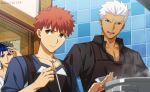  3boys akujiki59 apron archer_(fate) black_apron black_shirt blue_hair cooking cu_chulainn_(fate) cu_chulainn_(fate/stay_night) dark-skinned_male dark_skin emiya_shirou fate/stay_night fate_(series) frown male_cleavage male_focus multiple_boys official_style orange_hair partially_unbuttoned pectorals peeking ponytail red_eyes shirt short_hair spiky_hair toned toned_male upper_body white_hair 