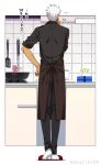 1boy akujiki59 alternate_costume apron archer_(fate) black_apron cooking dark-skinned_male dark_skin fate/stay_night fate_(series) from_behind full_body kitchen male_focus official_style short_hair solo spiky_hair thinking translation_request white_hair 