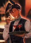  1boy alcohol animal_ears artist_name black_hair black_neckwear blurry blurry_background bow bowtie cherry cocktail_glass commentary_request cup dark-skinned_male dark_skin drinking_glass food food_in_mouth formal fruit grey_eyes hair_between_eyes hand_up highres holding holding_tray long_sleeves male_focus megechan original rabbit_ears shirt short_hair solo suit tray upper_body very_short_hair waistcoat waiter white_shirt 