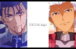  2boys akujiki59 archer_(fate) blood blood_on_face blue_hair closed_mouth commentary_request cu_chulainn_(fate) cu_chulainn_(fate/stay_night) fate_(series) grey_eyes looking_at_viewer male_focus multiple_boys official_style outdoors red_eyes short_hair smile tied_hair upper_body white_hair 