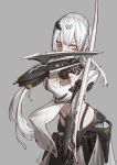  1girl absurdres android blade breasts eyeliner girls_frontline highres long_hair makeup mechanical_arms mechanical_legs medium_breasts mo_geng nyto_(girls_frontline) paradeus pelvic_curtain solo very_long_hair white_hair yellow_eyes 