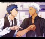  2boys akujiki59 apron archer_(fate) blue_hair blush brown_apron closed_eyes closed_mouth collared_shirt commentary_request cu_chulainn_(fate) cu_chulainn_(fate/stay_night) fate_(series) grin hair_tubes holding indoors long_sleeves looking_at_another male_focus multiple_boys necktie official_style orange_eyes pointing ponytail shirt short_hair short_sleeves smile teeth tied_hair vest white_hair white_shirt 