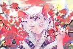  1girl animal_ears branch chinese_zodiac closed_mouth diadem fingernails flower hand_up highres jitome looking_at_viewer mole mole_under_mouth mouse_ears nail_polish original purple_nails red_flower rsef solo upper_body violet_eyes white_hair year_of_the_rat 