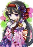  1girl abstract_background akemi_homura alternate_costume arrow_(projectile) back_bow bangs black_gloves black_hair black_kimono bow commentary_request cow eyebrows_visible_through_hair floral_background floral_print flower frilled_sleeves frills fur-trimmed_kimono fur_trim furisode gloves hair_between_eyes hair_bow hair_flower hair_ornament hairband highres holding holding_arrow japanese_clothes jitome kimono long_hair long_sleeves mahou_shoujo_madoka_magica pink_kimono red_bow smile solo spider_lily tag teruna_(artist) two-tone_kimono violet_eyes white_background 