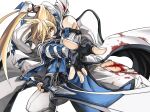  1boy belt blonde_hair blood blood_on_clothes blood_on_face blue_eyes dong_hole english_text fighting_stance fingerless_gloves gloves guilty_gear guilty_gear_xrd heterochromia highres holding holding_weapon ky_kiske long_hair male_focus ponytail red_eyes simple_background sword tied_hair torn_clothes weapon white_background 