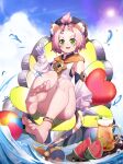  1girl 7inr1n :d absurdres afloat animal_ears armpits bangs_pinned_back barefoot bell black_shorts cat_ears cat_girl cat_tail choker commentary_request detached_sleeves diona_(genshin_impact) drink food fruit genshin_impact gloves green_eyes hair_ribbon hat highres ice ice_cube looking_at_viewer open_mouth paw_print_palms pink_hair ribbon short_hair shorts sidelocks sitting smile soles solo tail tail_bell tail_ornament tail_ribbon toes watermelon white_gloves 