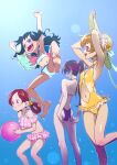  4girls :&gt; :d ball beachball bikini black_hair brown_hair character_request clothing_cutout frills hair_rings hat innertube long_hair multiple_girls muramura_hito navel_cutout one-piece_swimsuit open_mouth ponytail precure redhead short_hair smile straw_hat sun_hat swimsuit 