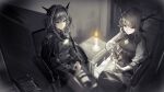  2girls alina_(arknights) arknights artist_request ascot bangs black_neckwear blouse buttons candle chair closed_mouth double-breasted dragon_horns epaulettes game_cg grey_hair grey_jacket grey_theme hands_on_lap horns indoors jacket long_hair long_sleeves military_jacket multiple_girls neckerchief official_art sewing sitting smile talulah_(arknights) white_blouse 