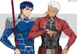  2boys akujiki59 anger_vein archer_(fate) armor blue_bodysuit blue_hair bodysuit cheek_pinching covered_abs cu_chulainn_(fate) cu_chulainn_(fate/stay_night) dark-skinned_male dark_skin fate/stay_night fate_(series) gae_bolg_(fate) holding holding_polearm holding_spear holding_weapon male_focus multiple_boys official_style pauldrons pectorals pinching polearm ponytail red_eyes short_hair shoulder_armor shrug_(clothing) spear spiky_hair teasing toned toned_male upper_body weapon white_hair 