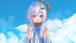  1girl :d amane_kanata bangs black_shirt blue_bow blue_hair blue_sky blush bow clapping clouds eyebrows_visible_through_hair feathered_wings frilled_sleeves frills grey_jacket hair_between_eyes hands_up high_collar highres hololive jacket long_sleeves looking_at_viewer mini_wings multicolored_hair neon_genesis_evangelion open_mouth parody plaid shirt silver_hair sky smile solo two-tone_hair upper_body violet_eyes virtual_youtuber white_wings wide_sleeves wings yoshiheihe 