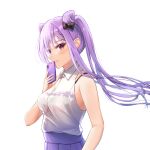  1girl alternate_costume bare_arms bare_shoulders black_bow black_bra blush bow bra breasts casual cellphone closed_mouth collared_shirt genshin_impact hair_bow hair_cones highres holding holding_phone keqing_(genshin_impact) long_hair medium_breasts phone pink_eyes ponytail purple_hair purple_skirt qoray7 see-through shirt sidelocks simple_background skirt sleeveless sleeveless_shirt smartphone smile solo underwear upper_body white_background 