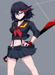  1girl black_hair blue_eyes breasts closed_mouth highres kill_la_kill looking_at_viewer matoi_ryuuko multicolored_hair navel redhead school_uniform scissor_blade shimure_(460) short_hair skirt solo streaked_hair two-tone_hair 