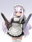  1girl alternate_costume apron black_dress dress enmaided eyebrows_visible_through_hair fairy_knight_lancelot_(fate) fate/grand_order fate_(series) forked_eyebrows gradient gradient_background highres long_hair maid maid_apron maid_headdress sow_mhxx thigh-highs white_hair 