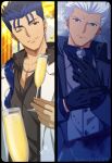  2boys akujiki59 alternate_costume archer_(fate) black_gloves black_shirt blue_hair collared_coat cu_chulainn_(fate) cu_chulainn_(fate/stay_night) cup dark-skinned_male dark_skin earrings fate/stay_night fate_(series) formal frown gloves grey_suit holding holding_cup jewelry looking_at_viewer male_focus multiple_boys necklace necktie official_style one_eye_closed partially_unbuttoned ponytail red_eyes shirt short_hair smile spiky_hair suit white_hair white_suit winter_clothes 