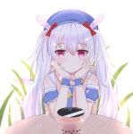  1girl animal_ears arm_support azur_lane bangs blurry bubble_tea chair commentary_request depth_of_field detached_sleeves eyebrows_visible_through_hair fake_animal_ears hair_between_eyes hat head_rest laffey_(azur_lane) laffey_(bunny_clerk?)_(azur_lane) long_hair looking_at_viewer rabbit_ears red_eyes school_uniform serafuku sidelocks solo table twintails white_background white_hair xiao_shi_lullaby 