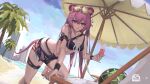  1girl absurdres animal_ears arknights ball beach beach_chair beach_umbrella bikini black_bikini black_shorts building chain drink eyewear_on_head foot_out_of_frame gzs hair_between_eyes highres holding holding_drink lin_yuhsia_(arknights) long_hair looking_at_viewer mouse_ears mouse_girl mouse_tail outdoors palm_tree pink_eyes pink_hair sand shorts skyscraper solo sunglasses swimsuit tail thigh_strap tree umbrella water 