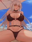  1girl ahoge artist_name bikini breasts buckle choker clouds covered_nipples cowboy_shot day english_commentary eyebrows_visible_through_hair fate/grand_order fate_(series) grey_hair hair_between_eyes jeanne_d&#039;arc_(alter_swimsuit_berserker)_(fate) jeanne_d&#039;arc_(fate)_(all) large_breasts long_hair looking_at_viewer lsls navel o-ring o-ring_bikini outdoors patreon_username sitting sky smile solo spread_legs swimsuit watermark yellow_eyes 