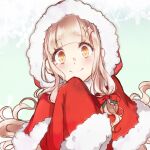  +_+ 1girl absurdres bangs blonde_hair closed_mouth hair_between_eyes hair_ornament hair_ribbon highres little_red_riding_hood_(sinoalice) long_hair long_sleeves looking_at_viewer red_hood ribbon rico_tta santa_costume sinoalice smile solo star_(symbol) star_hair_ornament wavy_hair yellow_eyes 