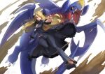  action black_pants blonde_hair breasts cynthia_(pokemon) floating_hair full_body fur-trimmed_jacket fur-trimmed_sleeves fur_collar fur_trim garchomp gen_4_pokemon grey_eyes hair_ornament hair_over_one_eye high_heels highres jacket long_hair looking_at_viewer open_mouth outstretched_arm pants pokemon pokemon_(creature) pokemon_(game) pokemon_dppt takeclaire 