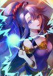  1girl absurdres bangs blue_eyes breasts cape dress electricity fire_emblem fire_emblem:_genealogy_of_the_holy_war floating_hair hair_behind_ear highres hikashi10_nsk ishtar_(fire_emblem) jewelry long_hair looking_at_viewer medium_breasts open_mouth pointing ponytail purple_dress purple_hair ring smile solo 