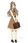  1girl akagi_shun bag bangs blue_neckwear blush braid briefcase brown_dress brown_eyes brown_footwear brown_hair buttons collared_shirt double-breasted dress full_body hat holding holding_bag loafers long_hair long_sleeves looking_to_the_side necktie original parted_bangs pinafore_dress shirt shoes smile solo standing teeth tongue twitter_username white_background white_shirt 