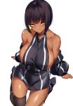 1girl bare_shoulders black_hair black_legwear blonde_hair breasts closed_mouth collarbone colored_inner_hair commentary_request dark-skinned_female dark_skin eyebrows_visible_through_hair from_above highres large_breasts looking_at_viewer multicolored_hair original quibi-chan short_hair simple_background sitting smile solo spider_apple thigh-highs thighs two-tone_hair wariza white_background yellow_eyes 