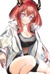  1girl alternate_costume arknights highres horns long_hair looking_at_viewer nanaponi redhead simple_background solo sports_bra surtr_(arknights) violet_eyes 