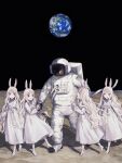  1other 4girls :d :o :q albino ambiguous_gender astronaut barefoot black_gloves blonde_hair blood blood_on_clothes blood_on_face blood_on_hands commentary_request copyright_request dress earth_(planet) full_body gloves helmet highres holding_hands long_hair long_sleeves looking_at_another moon multiple_girls nashiko_(nanaju_ko) open_mouth original pale_skin parted_lips planet quadruplets rabbit_girl red_eyes siblings smile space space_helmet spacesuit standing teeth tongue tongue_out wavy_hair white_dress 