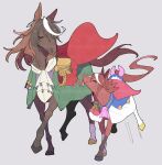  2girls adapted_costume aiguillette animalization ascot bow brown_hair cape capelet earrings epaulettes grey_background highres horse jewelry medal multicolored_hair multiple_girls red_cape red_capelet single_earring single_epaulette streaked_hair symboli_rudolf_(umamusume) tail tail_bow tail_ornament takatsuki_nato tokai_teio_(umamusume) tongue tongue_out two-tone_hair umamusume white_hair younger 