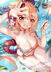 1girl bikini genshin_impact highres solo sparkler squchan water yoimiya_(genshin_impact)