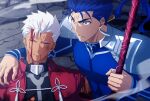  2boys akujiki59 anger_vein archer_(fate) arm_around_shoulder armor blood blood_from_mouth blood_on_face blue_bodysuit blue_hair bodysuit broken_armor cu_chulainn_(fate) cu_chulainn_(fate/stay_night) dark-skinned_male dark_skin fate/stay_night fate_(series) frown gae_bolg_(fate) holding holding_polearm holding_spear holding_weapon injury leaning_on_person male_focus multiple_boys nosebleed official_style pectorals polearm ponytail red_eyes short_hair spear spiky_hair toned toned_male upper_body weapon white_hair 