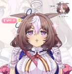  1girl @_@ ahoge breasts commentary_request gloves hair_between_eyes hair_ornament headband highres horse_girl large_breasts looking_at_viewer meisho_doto_(umamusume) portrait puzzle157xxx solo umamusume violet_eyes white_background white_gloves 