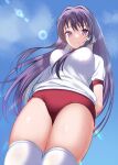  1girl blue_sky bow breasts buruma clannad clouds commentary_request day floating_hair from_below fujibayashi_kyou gym_shirt gym_uniform hair_bow long_hair looking_at_viewer looking_down medium_breasts minatoasu outdoors puffy_short_sleeves puffy_sleeves purple_hair red_buruma shirt short_sleeves sky sweat thigh-highs very_long_hair violet_eyes white_bow white_legwear white_shirt 