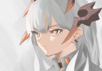  1girl arknights bangs black_choker choker closed_mouth commentary dragon_horns earrings eyebrows_visible_through_hair face grey_background highres horns jewelry kag_(tottokohaltaro0) long_hair looking_away orange_eyes portrait saria_(arknights) serious shirt silver_hair simple_background solo v-shaped_eyebrows white_shirt 